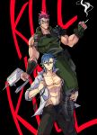  2boys abs bandaid bandaid_on_nose black_hair blue_hair boots cigarette gj_(johnsonr) gun kill_la_kill kinagase_tsumugu male mikisugi_aikurou mohawk multicolored_hair multiple_boys muscle open_clothes open_shirt redhead sitting_on_shoulder smirk two-tone_hair weapon 