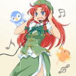  1girl blue_eyes braid chinese_clothes coco_nesta hair_ribbon hat headset hong_meiling long_hair microphone musical_note open_mouth piplup pokemon pokemon_(creature) redhead ribbon star torchic touhou 