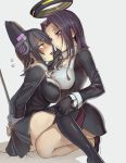  2girls bare_legs black_gloves black_legwear blush breasts gloves headgear kantai_collection large_breasts mechanical_halo multiple_girls open_mouth personification purple_hair school_uniform short_hair skirt tatsuta_(kantai_collection) tears tenryuu_(kantai_collection) thighhighs violet_eyes walzrj yellow_eyes yuri 