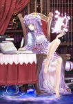  1girl barefoot book bookshelf bow chair cloudy.r crescent feathers hat highres long_hair looking_at_viewer patchouli_knowledge purple_hair quill sitting solo table touhou violet_eyes 