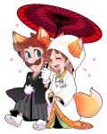  1boy 1girl animal_ears blue_eyes brown_hair cherry_blossoms earrings facial_hair flower_earrings fox_ears fox_tail ghost-pepper japanese_clothes jewelry kimono luigi mustache open_mouth princess_daisy sandals smile super_mario_bros. tabi tail white_background 