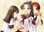  3girls bangs black_hair blunt_bangs blush brown_eyes brown_hair hair_ribbon hatsuyuki_(kantai_collection) kantai_collection long_hair multiple_girls nunucco personification pleated_skirt ponytail ribbon school_uniform serafuku shikinami_(kantai_collection) shirayuki_(kantai_collection) short_hair short_sleeves side_ponytail skirt tears twintails 