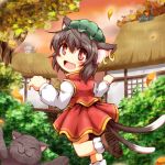  1girl animal_ears brown_eyes brown_hair cat cat_ears cat_tail chen earrings fang jewelry looking_at_viewer looking_back mob_cap multiple_girls open_mouth shirt skirt skirt_set smile solo sore_(whirlwind) tail touhou town tree vest 