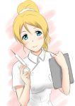  1girl ayase_eli blonde_hair blue_eyes clipboard fuuma_nagi long_hair love_live!_school_idol_project nurse ponytail syringe 