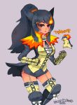  1girl animal_ears black_hair blue_(hopebiscuit) boots fingerless_gloves garter_straps gloves greaves hair_ornament hairclip highres laced_shoes long_hair miniskirt personification pixelated pokemon pokemon_(creature) ponytail red_eyes scar skirt solo thigh_boots thighhighs typhlosion 