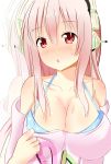  1girl absurdres bikini blush breasts cleavage headphones highres large_breasts long_hair nitroplus off_shoulder open_mouth pink_hair red_eyes solo super_sonico sweatdrop swimsuit 