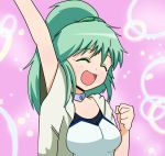  1girl breasts closed_eyes collar duel_monster green_hair happy jacket jewelry long_hair ponytail smile solo takahiko64 wynnda_miko_of_the_gusta yuu-gi-ou 
