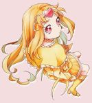  1girl boots bubble_skirt choker cure_muse_(yellow) dress earrings eyelashes hair_ornament heart high_heels jewelry knee_boots kneehighs kurochiroko long_hair magical_girl orange_hair precure red_eyes shirabe_ako simple_background solo suite_precure yellow_dress 