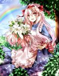  after_rain apron blouse blush bush clouds cloudy_sky dress flower frilled_dress frills hair_ribbon highres holding holding_flower hysteria kagerou_project kozakura_mary lily_(flower) long_sleeves open_mouth pink_hair rainbow ribbon shade smile sparkle sunbeam sunlight tree 