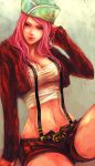  1girl breasts cleavage hand_in_hair hat jacket jewelry_bonney large_breasts lipstick long_hair long_sleeves makeup midriff navel one_piece open_clothes open_jacket piercing pink_hair short_shorts shorts sitting solo suspenders tsuyomaru violet_eyes 