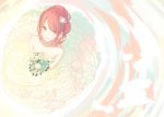 1girl bare_shoulders bouquet bride dress flower from_above hair_flower hair_ornament highres la-na looking_up original redhead smile solo wedding_dress yellow_eyes 