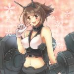  1girl bare_shoulders brown_eyes brown_hair bust hairband kantai_collection looking_at_viewer mutsu_(kantai_collection) navel open_mouth personification short_hair smile solo white_s 