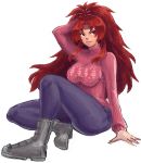  1girl boots breasts christmas contemporary headband jeans large_breasts long_hair pltrgst queen&#039;s_blade redhead ribbed_sweater risty sitting smile solo sweater turtleneck violet_eyes 