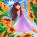  1girl ^_^ blue_sky brown_hair closed_eyes dress dutch_angle field flower flower_field grin kimi_ni_todoke kuronuma_sawako long_hair pltrgst sky smile solo sundress sunflower waving 