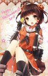  1girl antenna_hair brown_eyes brown_hair candy double_bun gloves halloween jack-o&#039;-lantern kantai_collection lollipop looking_at_viewer machinery naka_(kantai_collection) nunucco open_mouth personification short_hair sitting solo star torpedo turret 