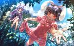  2girls animal_ears black_hair blue_sky carrot clouds dress dress_lift highres inaba_tewi jewelry long_hair long_sleeves misaki_(kyal_001) multiple_girls necklace necktie open_mouth outstretched_arm outstretched_hand pendant pink_dress pond puffy_sleeves purple_hair rabbit_ears red_eyes reisen_udongein_inaba shirt short_hair short_sleeves sitting sitting_on_rock skirt sky smile soaking_feet touhou tree very_long_hair water 