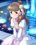  1girl blush brown_hair dress earrings embarrassed eyebrows flower fountain frills hair_flower hair_ornament idolmaster idolmaster_cinderella_girls jewelry jpeg_artifacts kamiya_nao light_smile long_hair looking_at_viewer necklace official_art red_eyes sitting solo tagme water wavy_hair white_dress 