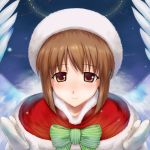  1girl blush brown_hair hagiwara_yukiho hat idolmaster looking_at_viewer ribbon rona smile snow solo wings 