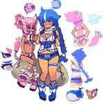  $ 2girls animal_ears ankle_boots blue_(hopebiscuit) blue_hair blush boots braid breasts bustier cat_ears cleavage face_mask fingerless_gloves flat_chest garters glasses gloves grey_eyes long_hair mask multiple_girls personification pigeon-toed pink_hair pokemon pokemon_(creature) sack scarf semi-rimless_glasses short_shorts shorts single_braid skitty tail tan under-rim_glasses violet_eyes wailord 
