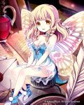 1girl bare_shoulders blonde_hair book braid breasts butterfly_wings cleavage dress envelope fairy flask inkwell long_hair minigirl original pointy_ears quill shoes solo tin_(wsp85205) twin_braids wings yellow_eyes 
