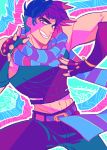  1boy 6hours_(fancycars) blue_hair bola_(weapon) colorful fabulous fingerless_gloves gloves jojo_no_kimyou_na_bouken joseph_joestar_(young) midriff scarf solo 