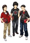  3boys arcade_stick black_hair brown_hair casual clothes_writing controller game_controller garakuta glasses headphones headphones_around_neck headset highres hoodie joystick looking_at_viewer mad_catz mago_(gamer) multiple_boys revision shoes short_hair simple_background smile sneakers t-shirt tokido umehara:_to_live_is_to_game umehara_daigo white_background 
