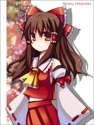  1girl ame_(candycircle) ascot bow brown_eyes brown_hair detached_sleeves dress hair_bow hair_tubes hakurei_reimu long_hair solo touhou 