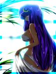  1girl backlighting bikini blanket breasts crescent hair_ornament highres large_breasts long_hair looking_at_viewer looking_back nekominase patchouli_knowledge pink_eyes purple_hair side-tie_bikini sideboob solo swimsuit touhou very_long_hair white_bikini white_swimsuit 