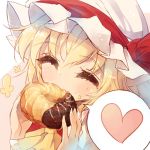  1girl ascot bagel blonde_hair blush chocolate closed_eyes crumbs eating flandre_scarlet food hat hat_ribbon heart mob_cap ponytail puffy_sleeves ribbon shirt short_hair short_sleeves side_ponytail simple_background solo sweets teco_uk touhou white_shirt 