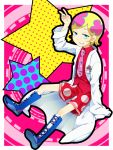  1boy blonde_hair blue_eyes boots child doctor glasses grin highres irabu_ichirou kuuchuu_buranko labcoat male multicolored_hair necktie nohko pocket_protector short_hair shorts smile solo star v 