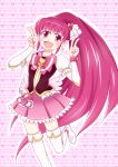  1girl blush boots cure_princess double_v earrings happinesscharge_precure! happy hiranotch jewelry long_hair magical_girl open_mouth pink_eyes pink_hair ponytail shirayuki_hime skirt smile solo thigh_boots thighhighs white_legwear 