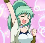  1girl breasts closed_eyes collar duel_monster gloves green_hair happy jacket jewelry long_hair ponytail smile solo takahiko64 wynnda_miko_of_the_gusta yuu-gi-ou 