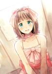  1girl amami_haruka bare_shoulders blush brown_hair dress green_eyes hair_ribbon idolmaster looking_at_viewer nogoodlife open_mouth ribbon short_hair smile solo 