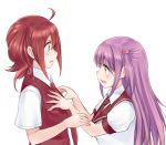    2girls blush breast_grab long_hair maya_yukiko multiple_girls open_mouth purple_hair red_eyes saki school_uniform shishihara_sawaya short_hair skirt suzushiro_yukari sweater_vest wince yuri 