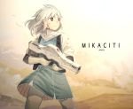  1girl blood cuts desert dress gloves gun injury original red_eyes sand solo standing thomas_hewitt weapon white_hair 