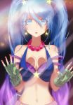  1girl :o against_glass alternate_costume blank_stare blue_eyes blue_hair bra breasts cleavage earrings eren_(artist) fingerless_gloves glass gloves halter_top halterneck highres jewelry league_of_legends navel necklace solo sona_buvelle strap_slip twintails underwear 