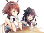  2girls akatsuki_(kantai_collection) black_eyes black_hair brown_hair drooling food gloves green_eyes hairband hat ice_cream kantai_collection multiple_girls mutsu_(kantai_collection) nunucco open_mouth personification sparkle spoon 