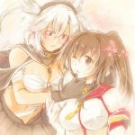  2girls bare_shoulders breasts brown_eyes brown_hair bust glasses hairband hand_on_another&#039;s_chin kantai_collection large_breasts long_hair multiple_girls musashi_(kantai_collection) navel ponytail red_eyes sarashi short_hair skirt white_hair white_s wink yamato_(kantai_collection) 