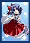 1girl alternate_costume animal_ears blue_hair blush chibi head_fins hemogurobin_a1c japanese_clothes long_sleeves mermaid miko monster_girl open_mouth short_hair smile solo touhou wakasagihime wide_sleeves 