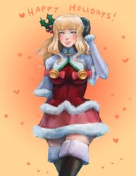  1girl bell black_gloves blonde_hair blue_eyes blush boots breasts capelet christmas gloves hair_ornament heart highres large_breasts lips mistletoe nose pltrgst pyrrha_alexandra santa_costume skirt smile solo soulcalibur soulcalibur_v thigh-highs thigh_boots zettai_ryouiki 