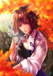  1girl alternate_eye_color aosuna autumn_leaves blush breasts brown_hair handkerchief japanese_clothes kaga_(kantai_collection) kantai_collection lips muneate open_mouth personification red_eyes river rock short_hair side_ponytail skirt smile solo sunlight sweater water 