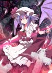 1girl ascot bat_wings blue_hair brooch chain cross dress hat jewelry kurono_yuzuko looking_at_viewer mob_cap pink_eyes puffy_sleeves remilia_scarlet sash short_sleeves smile solo touhou white_dress wings wrist_cuffs 