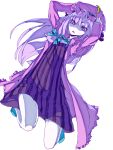  1girl crescent_hair_ornament falling hair_ornament hair_ribbon hands_on_hat legs long_hair mob_cap nightgown patchouli_knowledge purple_hair red_pupils ribbon slippers solo thupoppo touhou transparent_background violet_eyes 