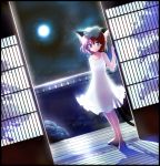 1girl animal_ears barefoot brown_eyes brown_hair cat_ears cat_tail chen dress earrings fangs hat highres jewelry moon multiple_tails nekorin open_mouth see-through see-through_silhouette short_hair solo tail tears touhou 