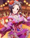  1girl :d ahoge blue_hair detached_sleeves flower flower_on_head hair_ornament idolmaster idolmaster_million_live! japanese_clothes jewelry kimono looking_at_viewer microphone miura_azusa musical_note necklace official_art open_mouth short_hair smile solo 