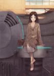  1girl anklet bag barefoot blue_eyes book brown_hair coat dress jewelry lensa long_hair original science_fiction sitting sitting_on_object smile wrench 