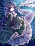  1girl blue_eyes blue_hair head_fins japanese_clothes kimono looking_at_viewer mermaid miiko_(somnolent) monster_girl obi smile solo touhou underwater wakasagihime 