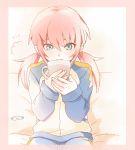  1boy blue_eyes cup inazuma_eleven_(series) inazuma_eleven_go kirino_ranmaru long_hair looking_at_viewer male mizuhara_aki mug pink_hair raimon sitting smile solo track_jacket twintails 