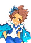  1boy blue_hair bou_erika brown_eyes brown_hair grin hands_in_pockets highres inazuma_eleven_go_galaxy jacket_on_shoulders looking_at_viewer male matatagi_hayato multicolored_hair shinsei_inazuma_japan simple_background smile soccer_uniform solo track_jacket two-tone_hair white_background 