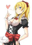  1girl ayase_eli blonde_hair blue_eyes blush breasts cleavage earrings hair_ribbon hand_on_hip heart hika_(hikara) jewelry long_hair love_live!_school_idol_project maid ribbon rough simple_background solo wink wrist_cuffs 